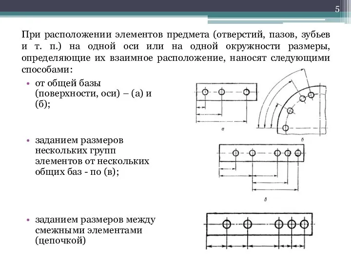 При расположении элементов предмета (отверстий, пазов, зубьев и т. п.) на