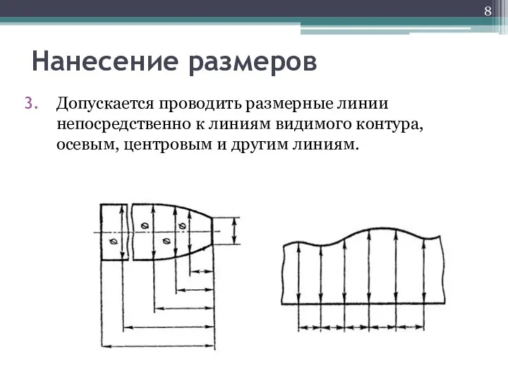 Нанесение размеров Допускается проводить размерные линии непосредственно к линиям видимого контура, осевым, центровым и другим линиям.