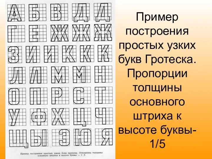 Пример построения простых узких букв Гротеска. Пропорции толщины основного штриха к высоте буквы- 1/5