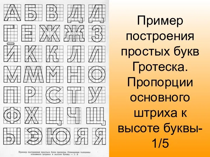 Пример построения простых букв Гротеска. Пропорции основного штриха к высоте буквы- 1/5