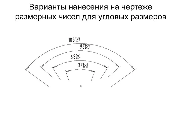 Варианты нанесения на чертеже размерных чисел для угловых размеров