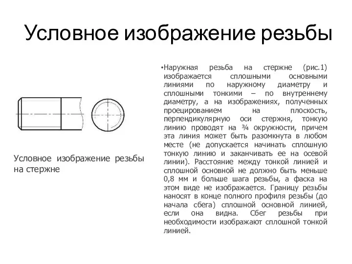 Условное изображение резьбы Наружная резьба на стержне (рис.1) изображается сплошными основными