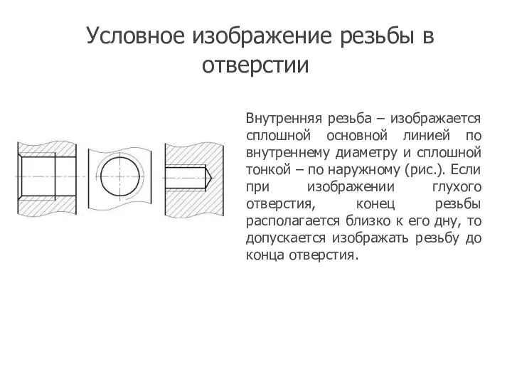 Условное изображение резьбы в отверстии Внутренняя резьба – изображается сплошной основной