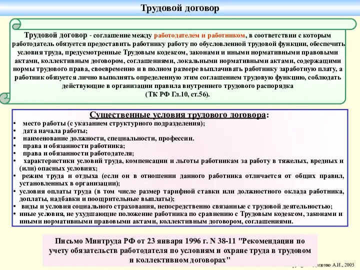 Существенные условия трудового договора: место работы (с указанием структурного подразделения); дата