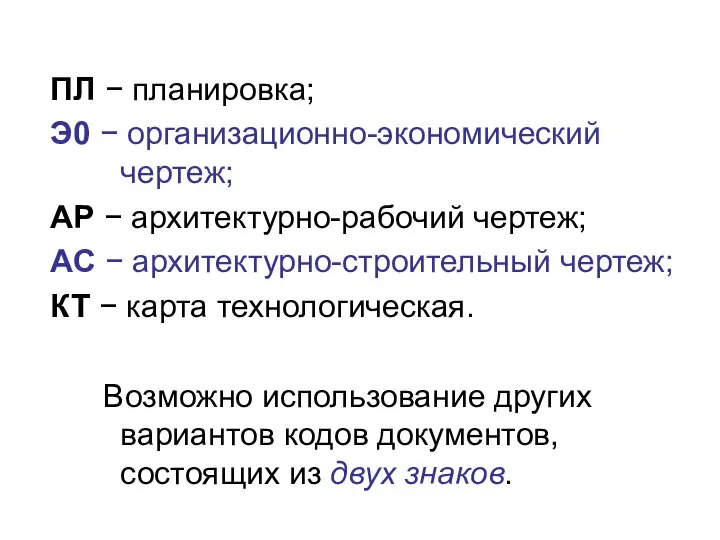 ПЛ − планировка; Э0 − организационно-экономический чертеж; АР − архитектурно-рабочий чертеж;