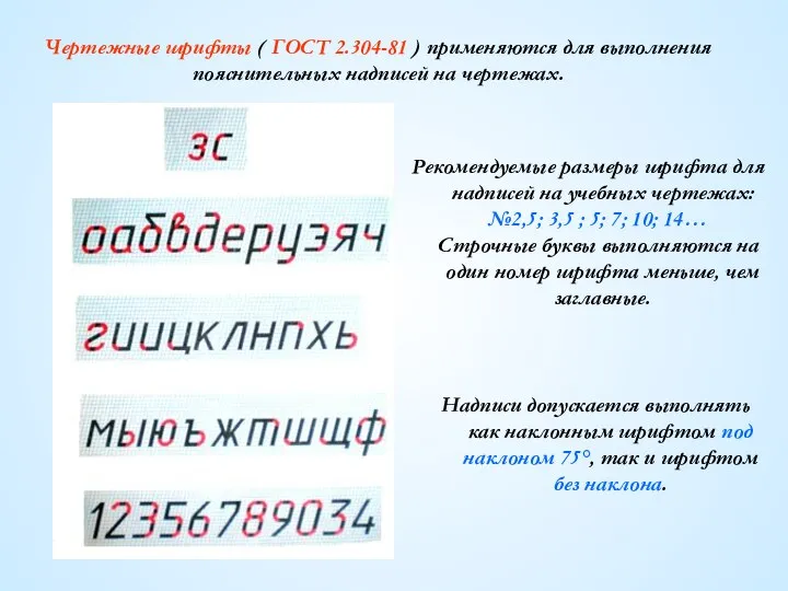 Чертежные шрифты ( ГОСТ 2.304-81 ) применяются для выполнения пояснительных надписей