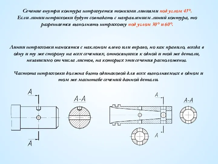 Сечение внутри контура штрихуется тонкими линиями под углом 45°. Если линии