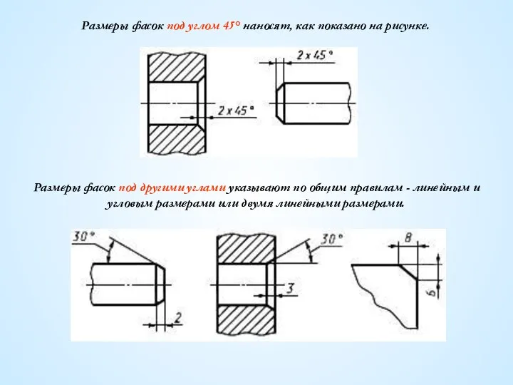 Размеры фасок под углом 45° наносят, как показано на рисунке. Размеры