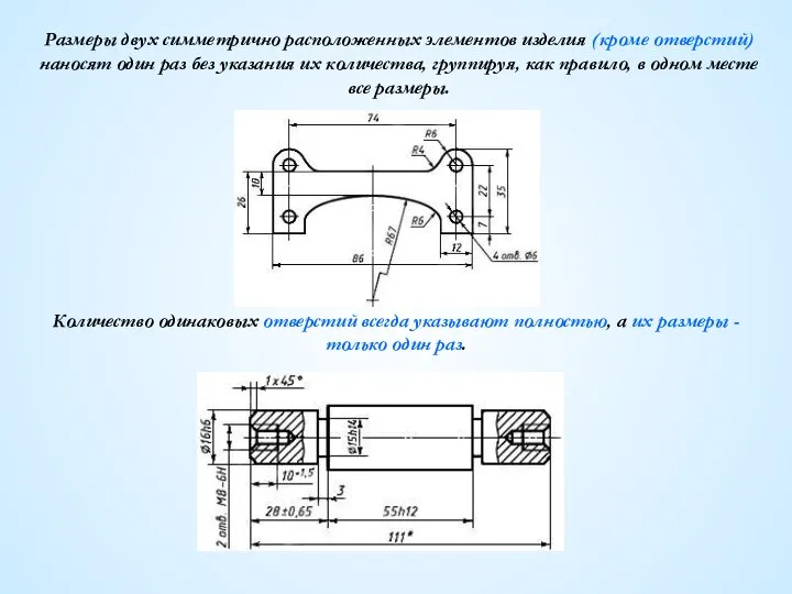 Размеры двух симметрично расположенных элементов изделия (кроме отверстий) наносят один раз