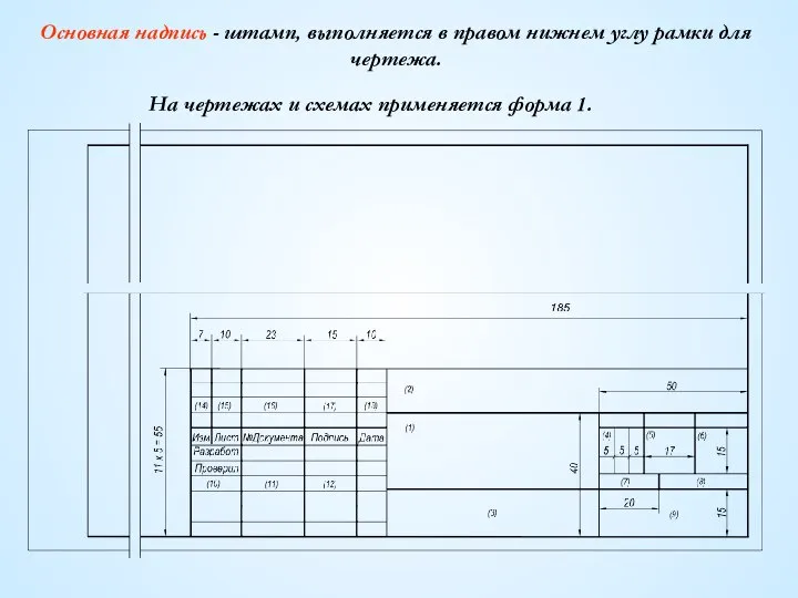 Основная надпись - штамп, выполняется в правом нижнем углу рамки для