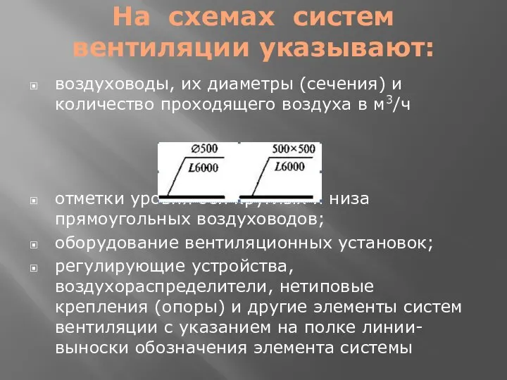 На схемах систем вентиляции указывают: воздуховоды, их диаметры (сечения) и количество