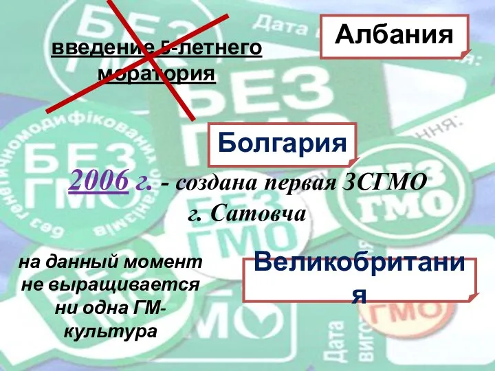 Албания введение 5-летнего моратория Болгария 2006 г. - создана первая ЗСГМО