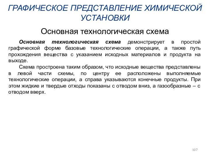 ГРАФИЧЕСКОЕ ПРЕДСТАВЛЕНИЕ ХИМИЧЕСКОЙ УСТАНОВКИ Основная технологическая схема демонстрирует в простой графической