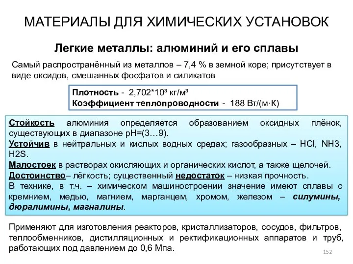 МАТЕРИАЛЫ ДЛЯ ХИМИЧЕСКИХ УСТАНОВОК Плотность - 2,702*10³ кг/м³ Коэффициент теплопроводности -