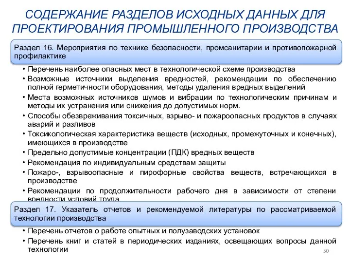 СОДЕРЖАНИЕ РАЗДЕЛОВ ИСХОДНЫХ ДАННЫХ ДЛЯ ПРОЕКТИРОВАНИЯ ПРОМЫШЛЕННОГО ПРОИЗВОДСТВА