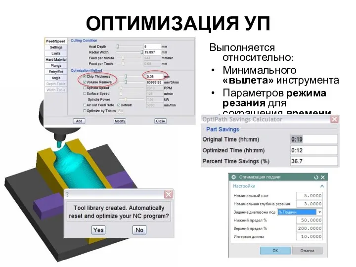 ОПТИМИЗАЦИЯ УП Выполняется относительно: Минимального «вылета» инструмента Параметров режима резания для сокращения времени обработки