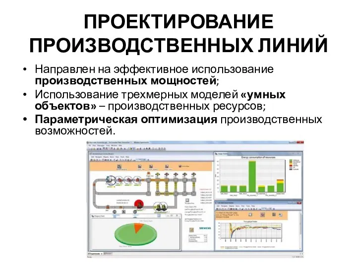 ПРОЕКТИРОВАНИЕ ПРОИЗВОДСТВЕННЫХ ЛИНИЙ Направлен на эффективное использование производственных мощностей; Использование трехмерных