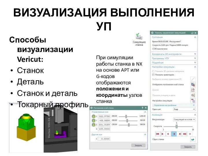 ВИЗУАЛИЗАЦИЯ ВЫПОЛНЕНИЯ УП Способы визуализации Vericut: Станок Деталь Станок и деталь