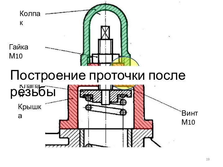 Винт М10 Крышка Гайка М10 Колпак Клапан Построение проточки после резьбы