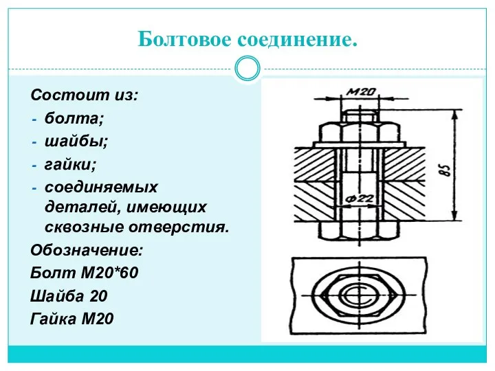 Болтовое соединение. Состоит из: болта; шайбы; гайки; соединяемых деталей, имеющих сквозные