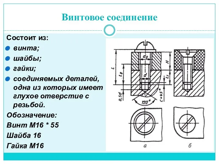 Винтовое соединение Состоит из: винта; шайбы; гайки; соединяемых деталей, одна из