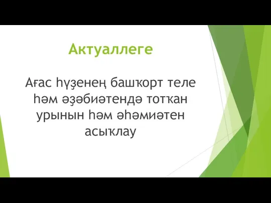 Актуаллеге Ағас һүҙенең башҡорт теле һәм әҙәбиәтендә тотҡан урынын һәм әһәмиәтен асыҡлау