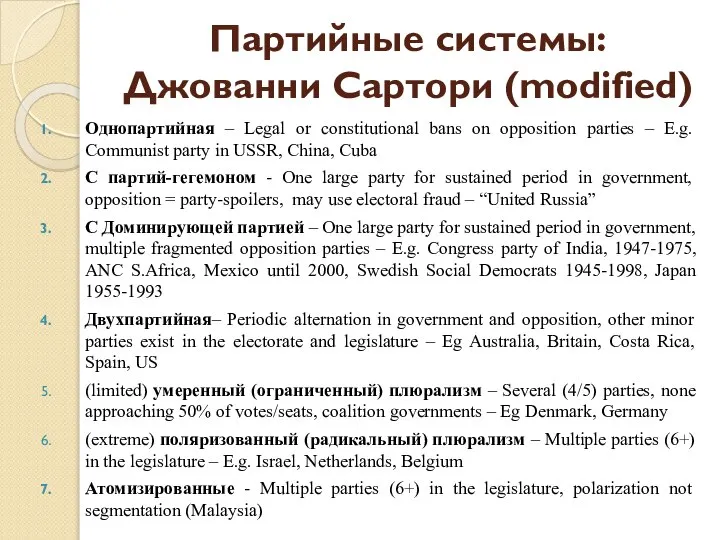 Партийные системы: Джованни Сартори (modified) Однопартийная – Legal or constitutional bans