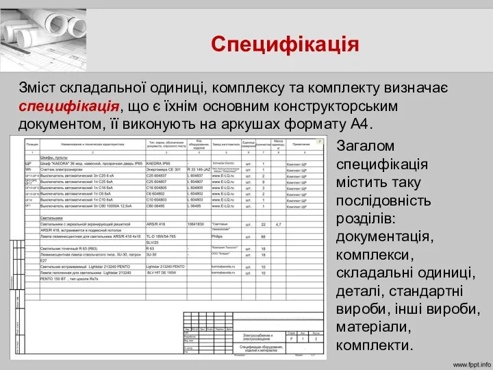 Специфікація Зміст складальної одиниці, комплексу та комплекту визначає специфікація, що є