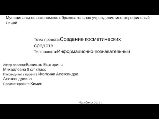 Муниципальное автономное образовательное учреждение многопрофильный лицей Челябинск 2019 г. Тема проекта:Создание