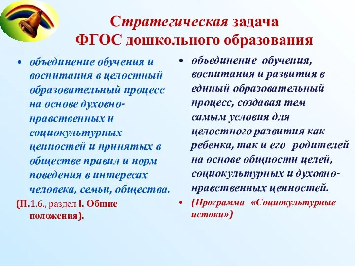 Стратегическая задача ФГОС дошкольного образования объединение обучения и воспитания в целостный