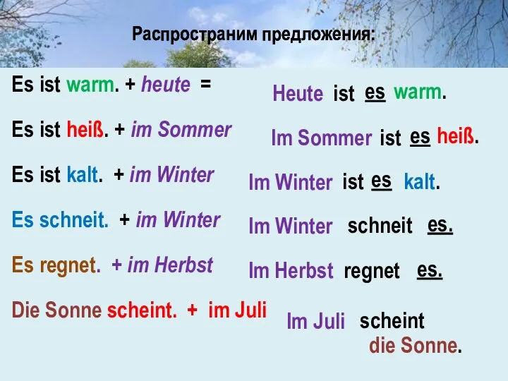 Распространим предложения: Es ist warm. + heute = Es ist heiß.