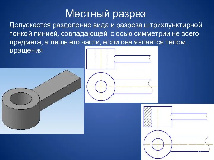 Местный разрез Допускается разделение вида и разреза штрихпунктирной тонкой линией, совпадающей