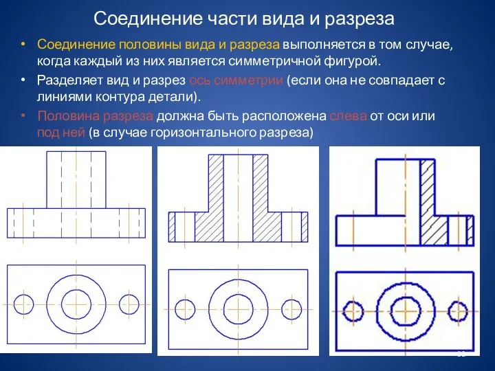 Соединение части вида и разреза Соединение половины вида и разреза выполняется