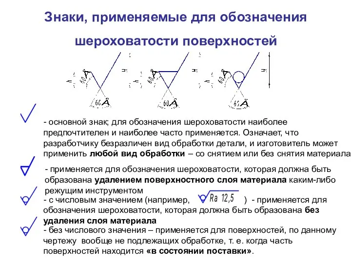 Знаки, применяемые для обозначения шероховатости поверхностей - основной знак; для обозначения