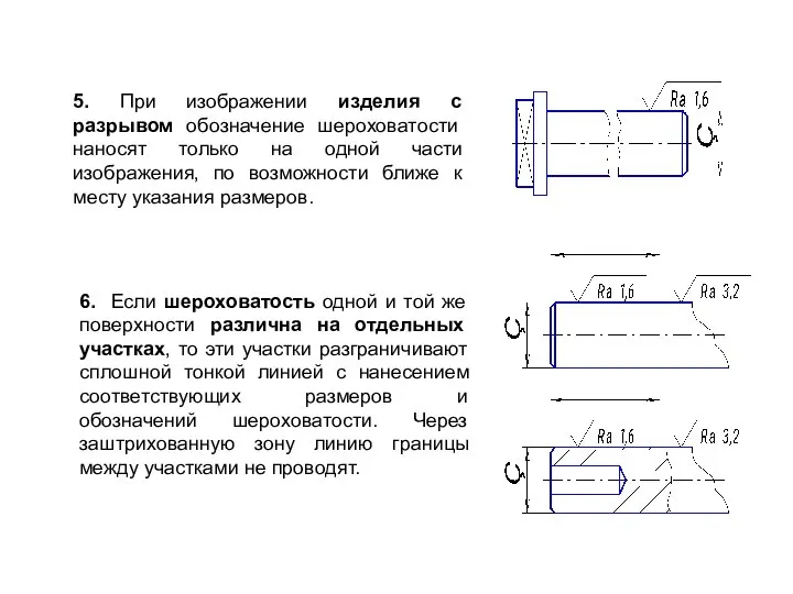 5. При изображении изделия с разрывом обозначение шероховатости наносят только на