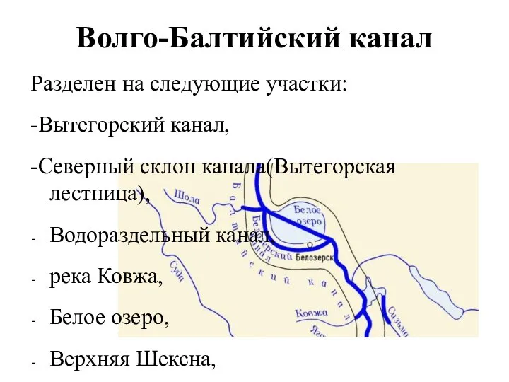 Волго-Балтийский канал Разделен на следующие участки: -Вытегорский канал, -Северный склон канала(Вытегорская