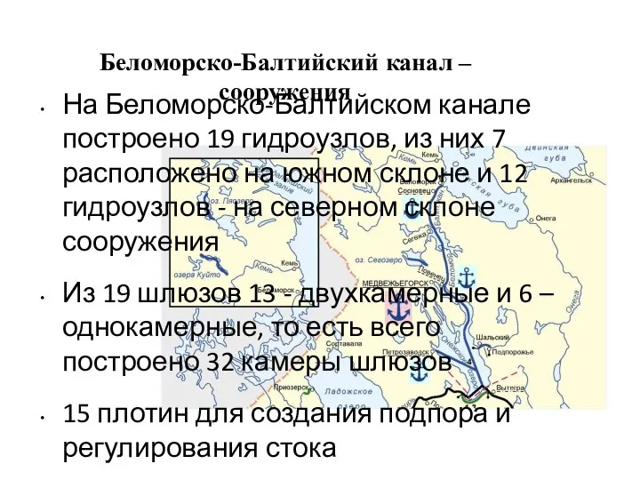 Беломорско-Балтийский канал – сооружения На Беломорско-Балтийском канале построено 19 гидроузлов, из