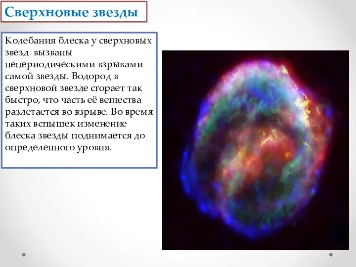 Сверхновые звезды Колебания блеска у сверхновых звезд вызваны непериодическими взрывами самой