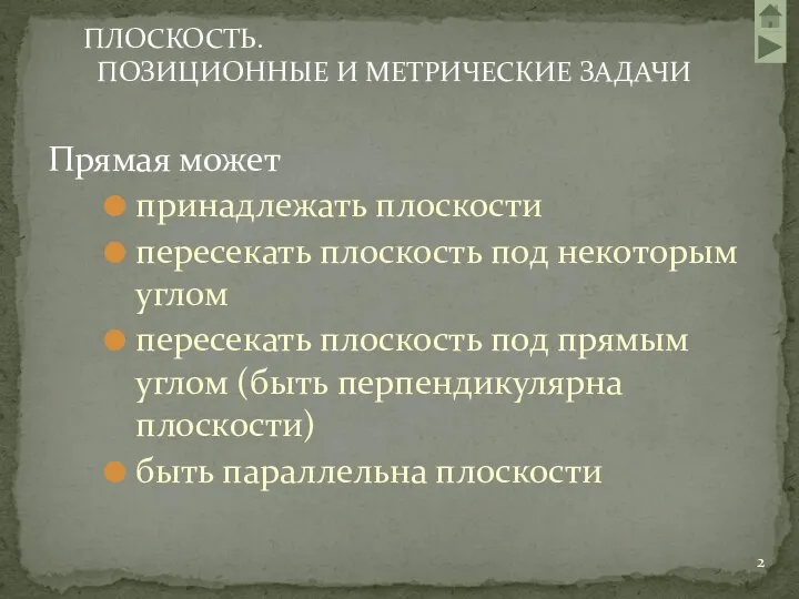 Прямая может принадлежать плоскости пересекать плоскость под некоторым углом пересекать плоскость