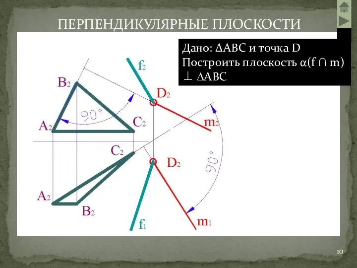 ПЕРПЕНДИКУЛЯРНЫЕ ПЛОСКОСТИ Дано: ΔАВС и точка D Построить плоскость α(f ∩ m) ⊥ ∆АВС