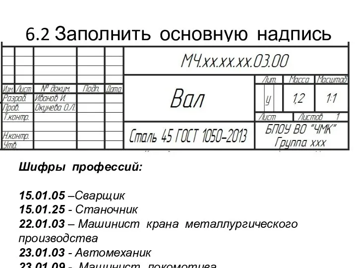 6.2 Заполнить основную надпись Шифры профессий: 15.01.05 –Сварщик 15.01.25 - Станочник