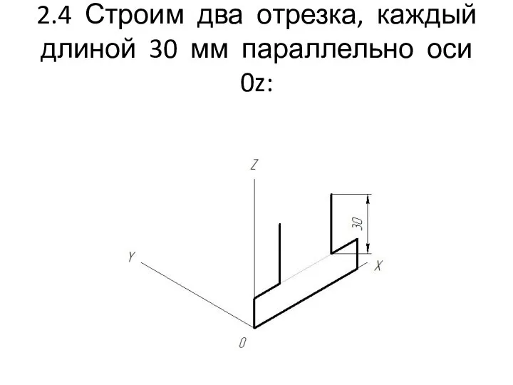 2.4 Строим два отрезка, каждый длиной 30 мм параллельно оси 0z: