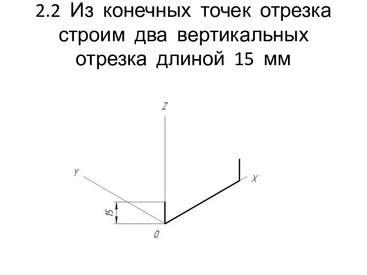 2.2 Из конечных точек отрезка строим два вертикальных отрезка длиной 15 мм