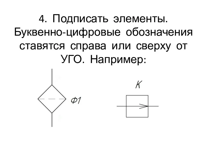 4. Подписать элементы. Буквенно-цифровые обозначения ставятся справа или сверху от УГО. Например: