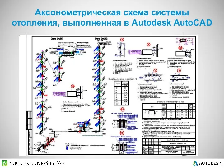 Аксонометрическая схема системы отопления, выполненная в Autodesk AutoCAD