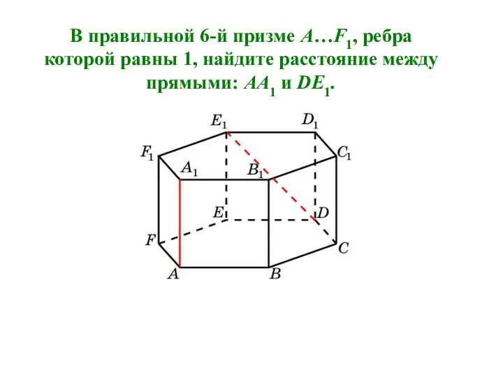 В правильной 6-й призме A…F1, ребра которой равны 1, найдите расстояние между прямыми: AA1 и DE1.