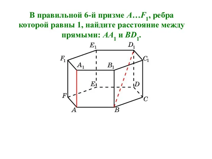 В правильной 6-й призме A…F1, ребра которой равны 1, найдите расстояние между прямыми: AA1 и BD1.