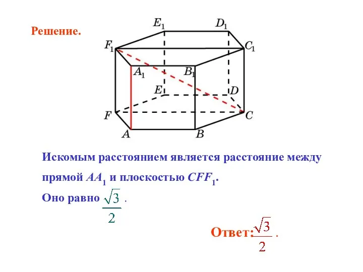 Искомым расстоянием является расстояние между прямой AA1 и плоскостью CFF1. Оно равно . Решение.