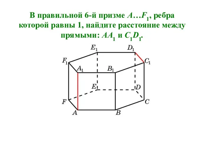 В правильной 6-й призме A…F1, ребра которой равны 1, найдите расстояние между прямыми: AA1 и C1D1.