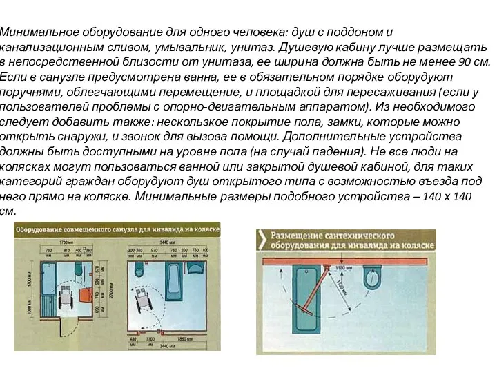 Минимальное оборудование для одного человека: душ с поддоном и канализационным сливом,